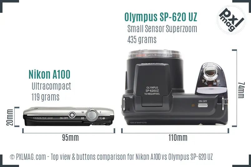 Nikon A100 vs Olympus SP-620 UZ top view buttons comparison
