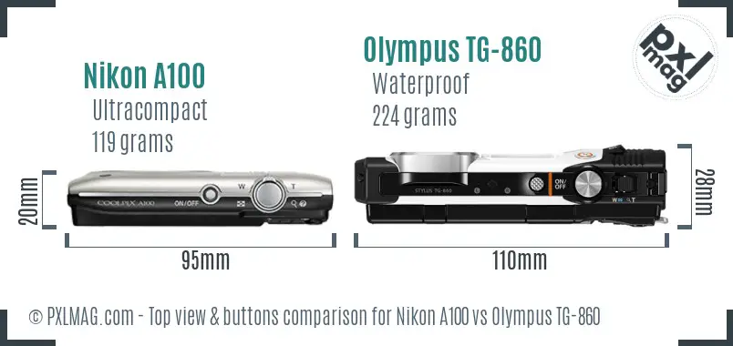 Nikon A100 vs Olympus TG-860 top view buttons comparison Nikon A100 vs Olympus TG-860 top view buttons comparison