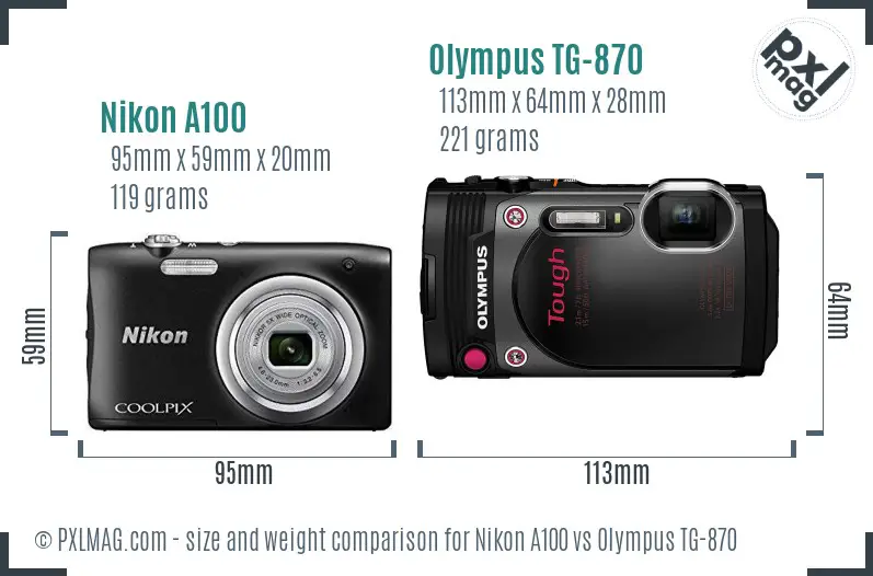 Nikon A100 vs Olympus TG-870 size comparison