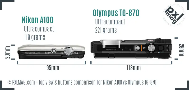 Nikon A100 vs Olympus TG-870 top view buttons comparison