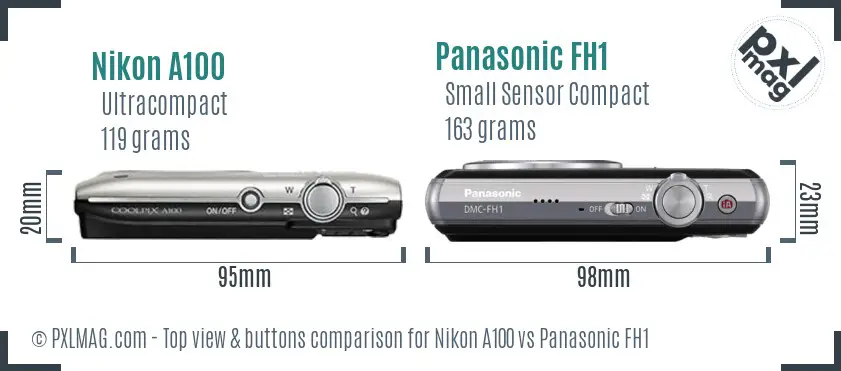 Nikon A100 vs Panasonic FH1 top view buttons comparison