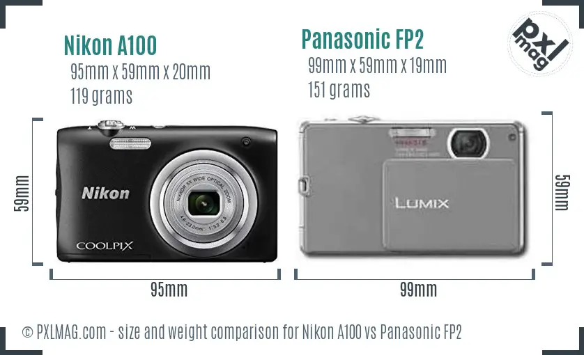 Nikon A100 vs Panasonic FP2 size comparison