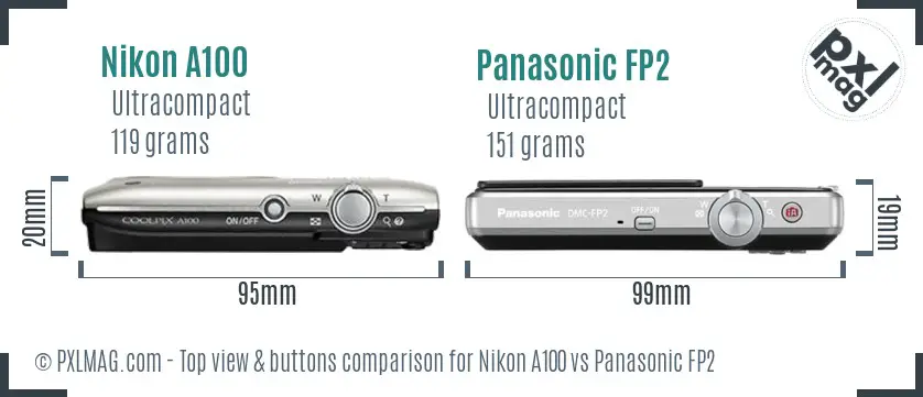 Nikon A100 vs Panasonic FP2 top view buttons comparison