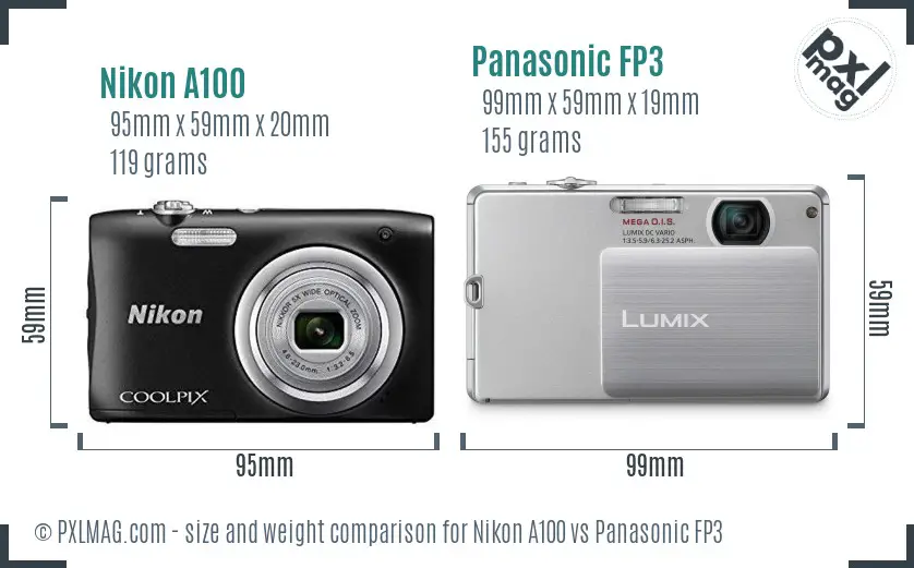 Nikon A100 vs Panasonic FP3 size comparison