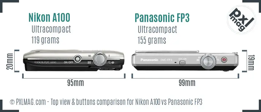 Nikon A100 vs Panasonic FP3 top view buttons comparison