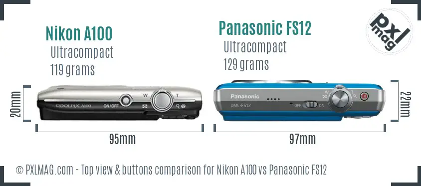 Nikon A100 vs Panasonic FS12 top view buttons comparison Nikon A100 vs Panasonic FS12 top view buttons comparison