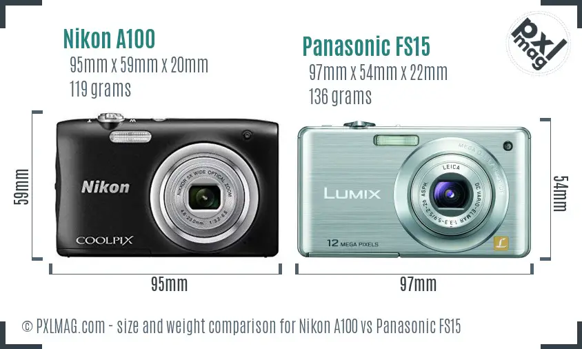 Nikon A100 vs Panasonic FS15 size comparison