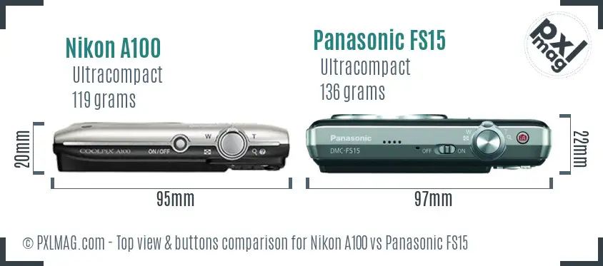 Nikon A100 vs Panasonic FS15 top view buttons comparison