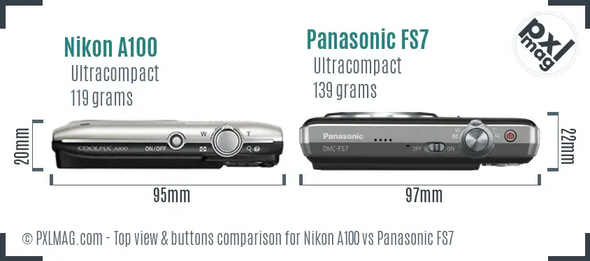 Nikon A100 vs Panasonic FS7 top view buttons comparison