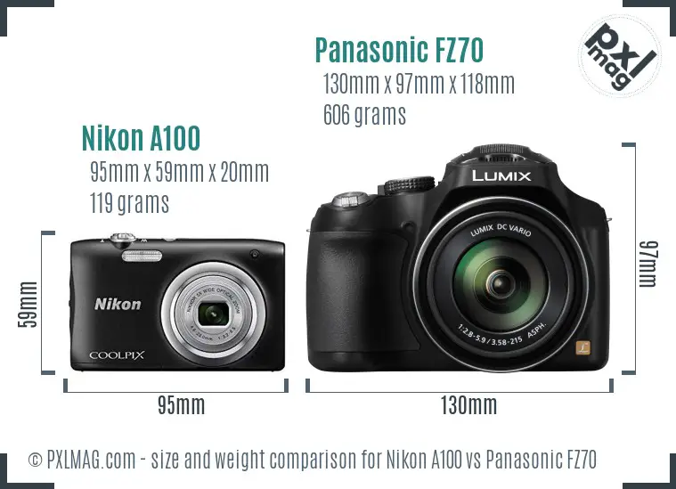 Nikon A100 vs Panasonic FZ70 size comparison