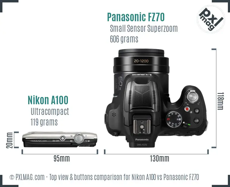 Nikon A100 vs Panasonic FZ70 top view buttons comparison