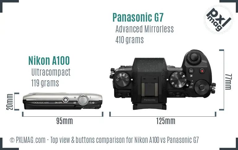 Nikon A100 vs Panasonic G7 top view buttons comparison