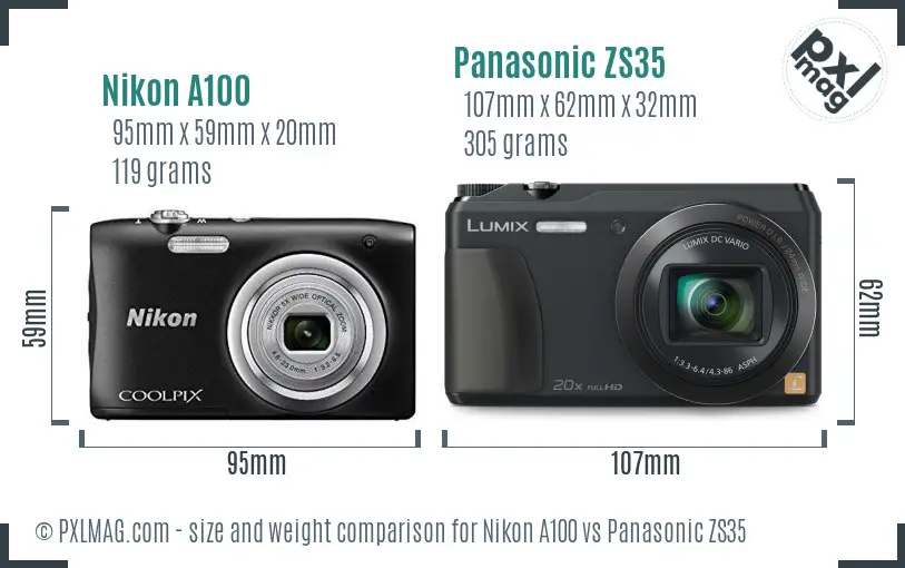 Nikon A100 vs Panasonic ZS35 size comparison