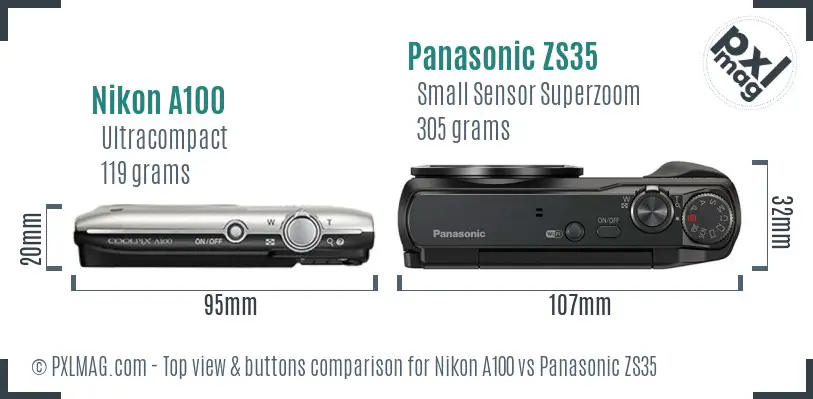 Nikon A100 vs Panasonic ZS35 top view buttons comparison