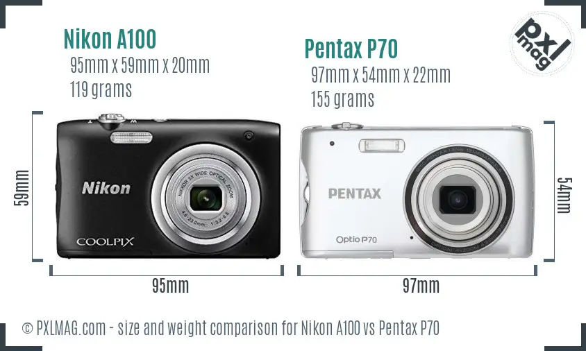 Nikon A100 vs Pentax P70 size comparison