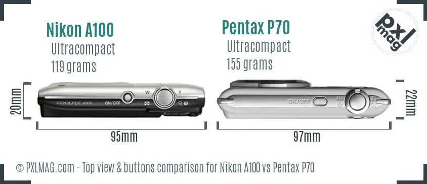 Nikon A100 vs Pentax P70 top view buttons comparison