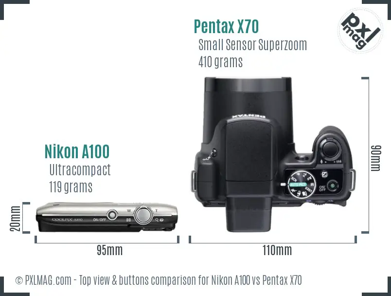 Nikon A100 vs Pentax X70 top view buttons comparison