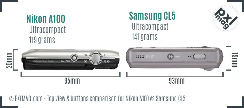 Nikon A100 vs Samsung CL5 top view buttons comparison Nikon A100 vs Samsung CL5 top view buttons comparison
