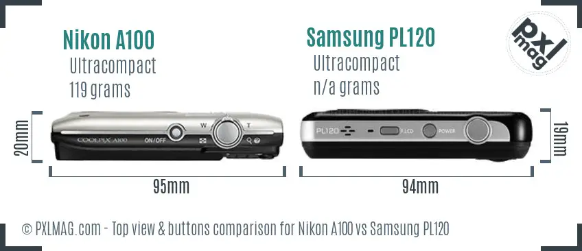 Nikon A100 vs Samsung PL120 top view buttons comparison