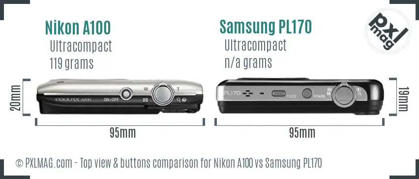 Nikon A100 vs Samsung PL170 top view buttons comparison Nikon A100 vs Samsung PL170 top view buttons comparison