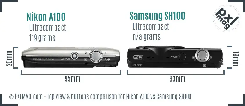 Nikon A100 vs Samsung SH100 top view buttons comparison