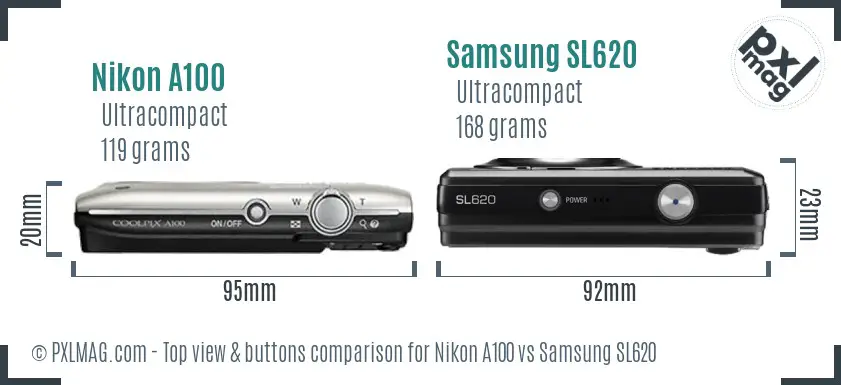 Nikon A100 vs Samsung SL620 top view buttons comparison