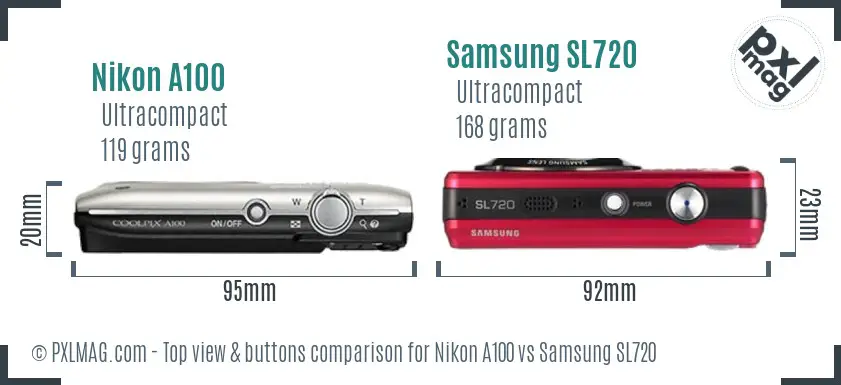 Nikon A100 vs Samsung SL720 top view buttons comparison