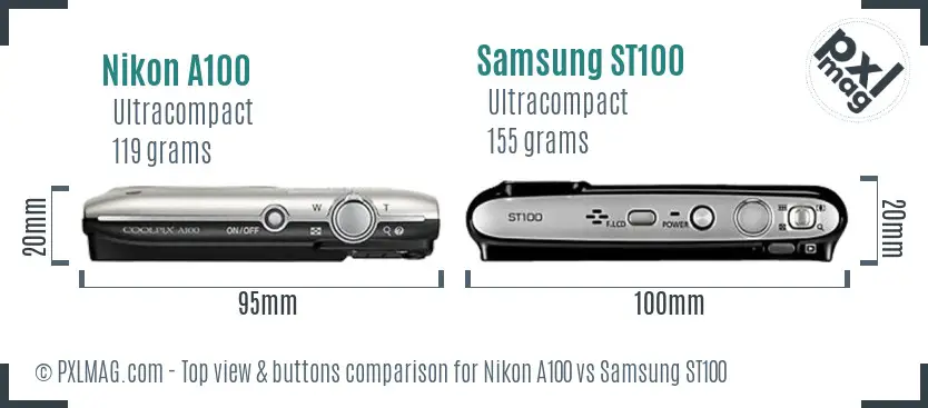 Nikon A100 vs Samsung ST100 top view buttons comparison