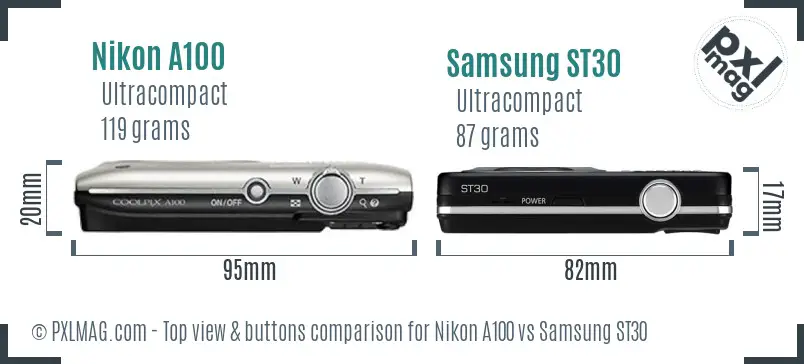 Nikon A100 vs Samsung ST30 top view buttons comparison
