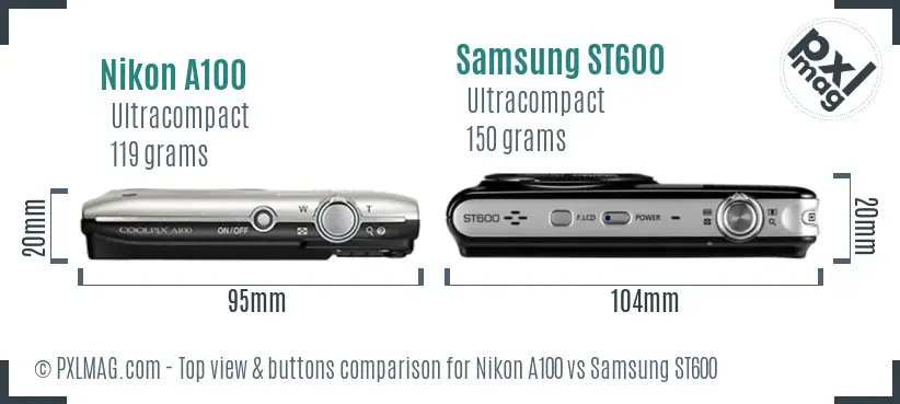 Nikon A100 vs Samsung ST600 top view buttons comparison Nikon A100 vs Samsung ST600 top view buttons comparison