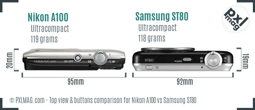 Nikon A100 vs Samsung ST80 top view buttons comparison