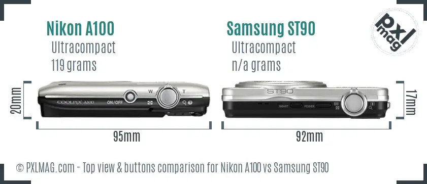 Nikon A100 vs Samsung ST90 top view buttons comparison