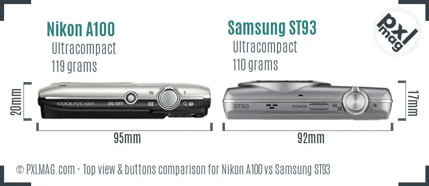 Nikon A100 vs Samsung ST93 top view buttons comparison