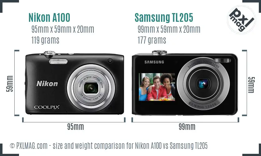 Nikon A100 vs Samsung TL205 size comparison