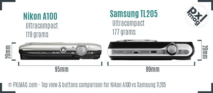 Nikon A100 vs Samsung TL205 top view buttons comparison