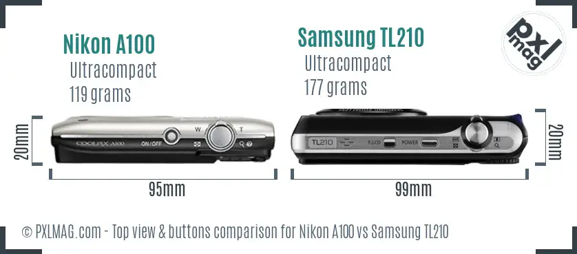 Nikon A100 vs Samsung TL210 top view buttons comparison