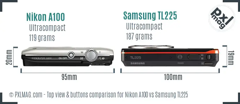 Nikon A100 vs Samsung TL225 top view buttons comparison