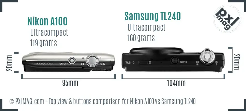 Nikon A100 vs Samsung TL240 top view buttons comparison