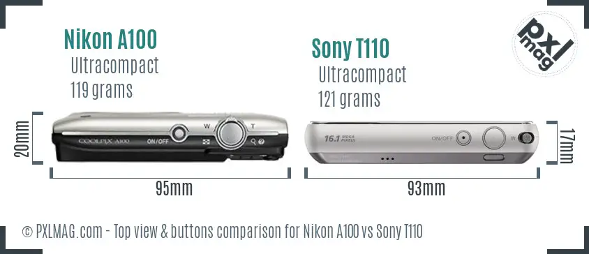 Nikon A100 vs Sony T110 top view buttons comparison