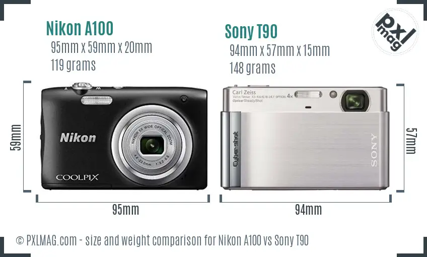 Nikon A100 vs Sony T90 size comparison