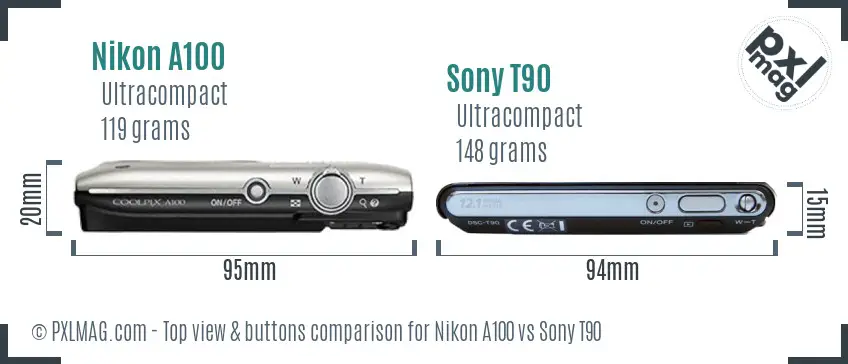 Nikon A100 vs Sony T90 top view buttons comparison