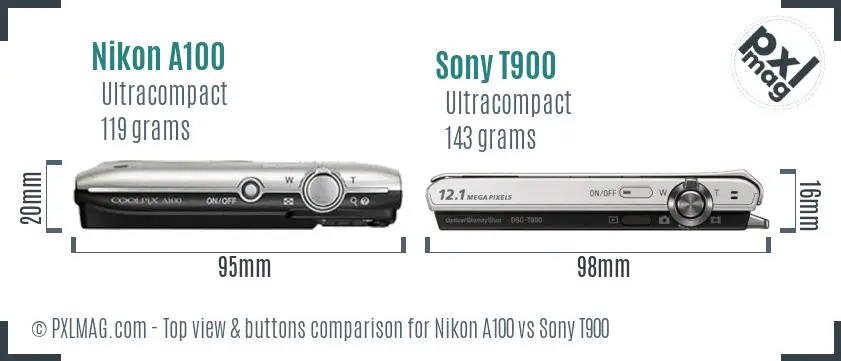 Nikon A100 vs Sony T900 top view buttons comparison Nikon A100 vs Sony T900 top view buttons comparison