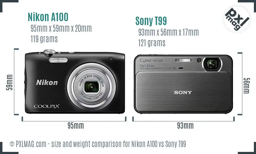 Nikon A100 vs Sony T99 size comparison