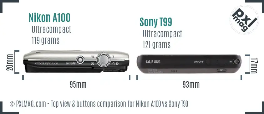 Nikon A100 vs Sony T99 top view buttons comparison