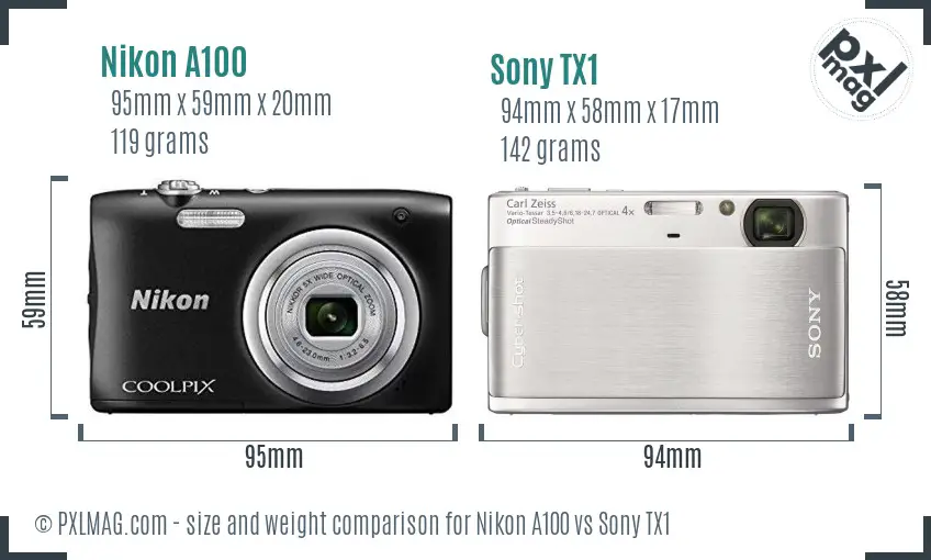 Nikon A100 vs Sony TX1 size comparison