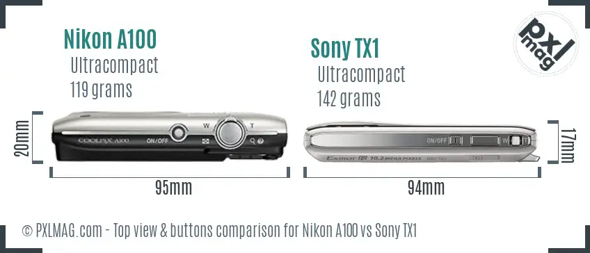 Nikon A100 vs Sony TX1 top view buttons comparison