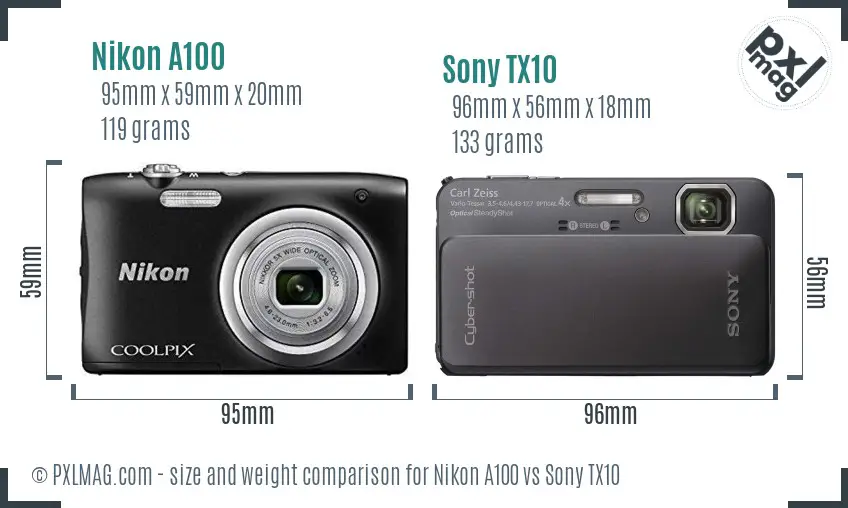 Nikon A100 vs Sony TX10 size comparison