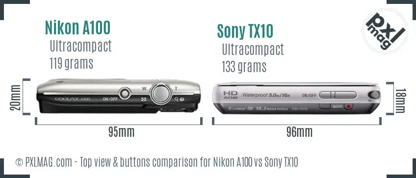 Nikon A100 vs Sony TX10 top view buttons comparison