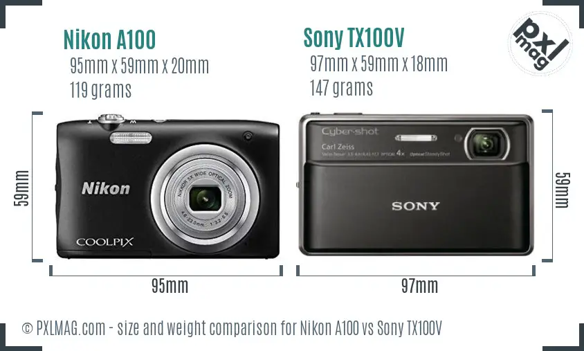 Nikon A100 vs Sony TX100V size comparison