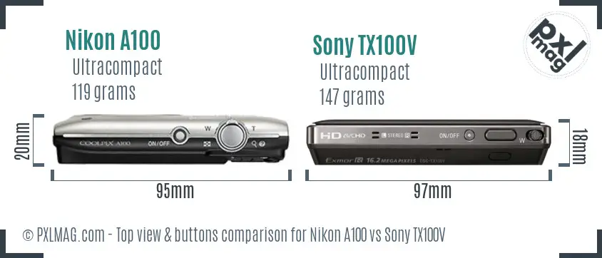 Nikon A100 vs Sony TX100V top view buttons comparison